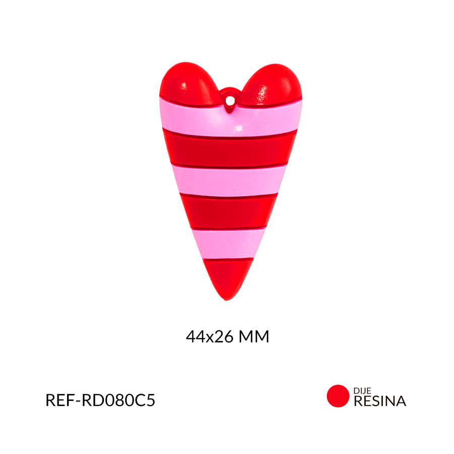 Dije resina corazón rojo con lineas rosadas 44x26 mm x unidad