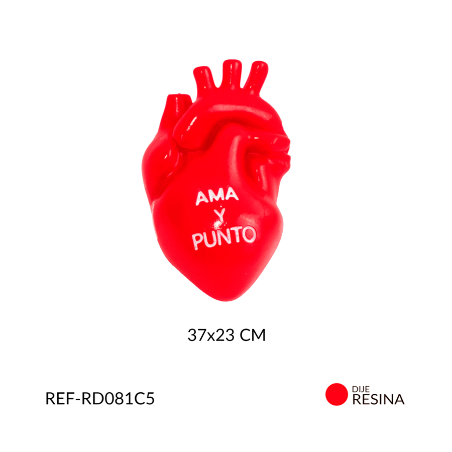 Dije resina corazón anatómico rojo "ama y punto" 37x23mm x und