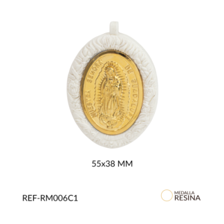 Medalla resina blanca ovalado virgen guadalupe dorada 55x38mm x und