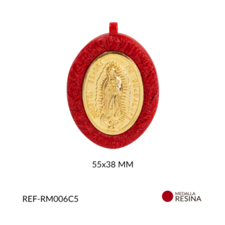 Medalla resina roja ovalado virgen guadalupe dorada 55x38mm x und