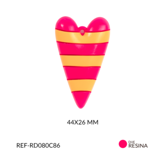 Dije resina corazón fucsia con líneas naranjas 44x26 mm x unidad